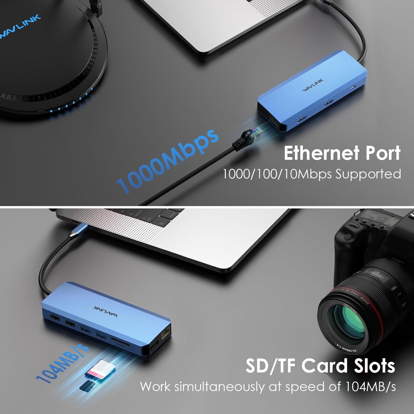 USB-C hub with Ethernet connection and SD/TF card reader for fast file access.