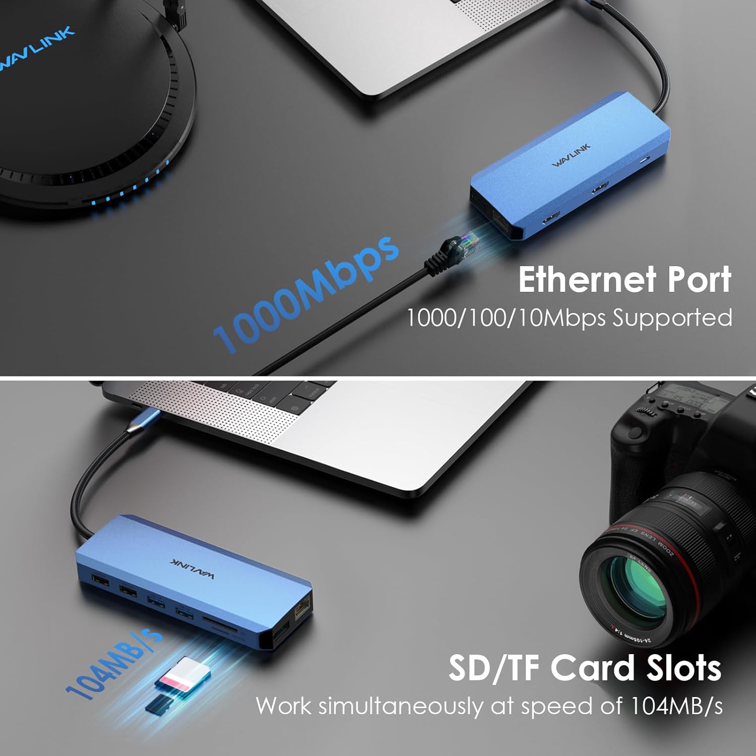 USB-C hub with Ethernet connection and SD/TF card reader for fast file access.