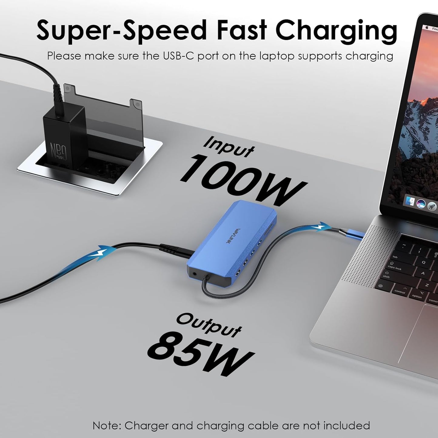 USB-C hub fast charging laptop via PD with a 100W input and 85W output.