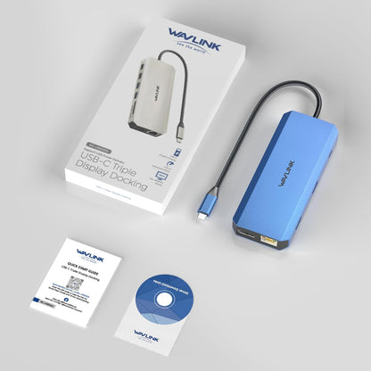 Packaging of the WAVLINK 12-in-1 USB-C hub showing the hub, quick start guide, and driver CD.