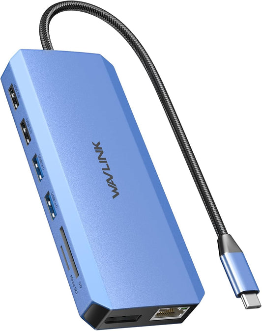 Blue 12-in-1 USB-C hub with multiple ports including USB, HDMI, DisplayPort, and Ethernet.