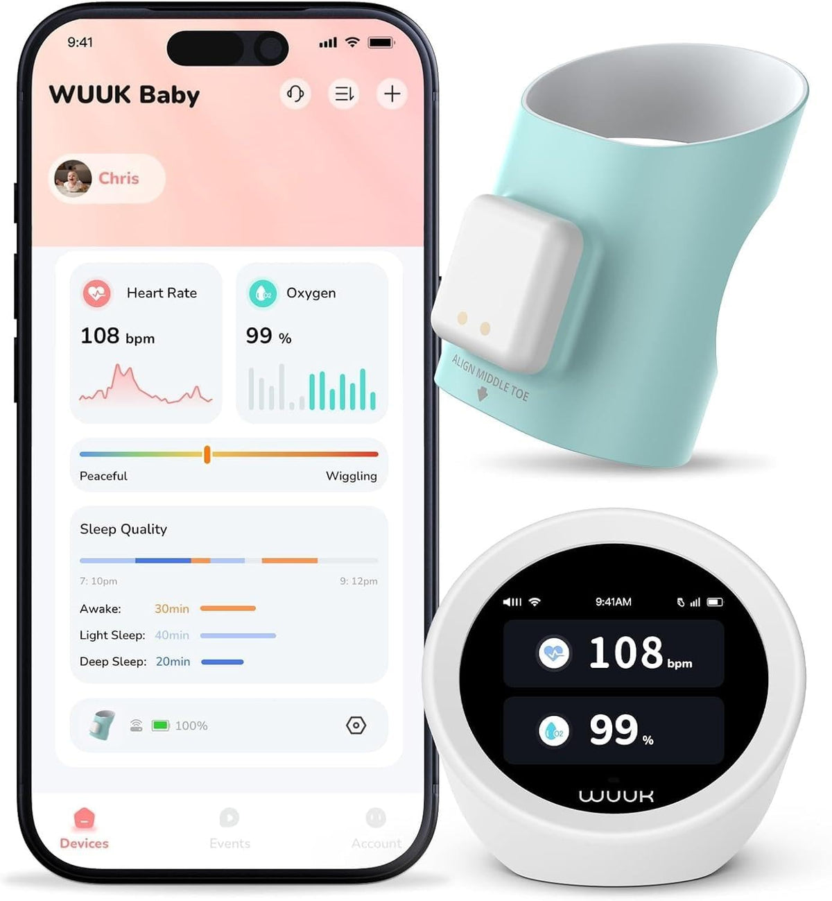 WUUK Baby smart sock monitor with display base station and mobile app
