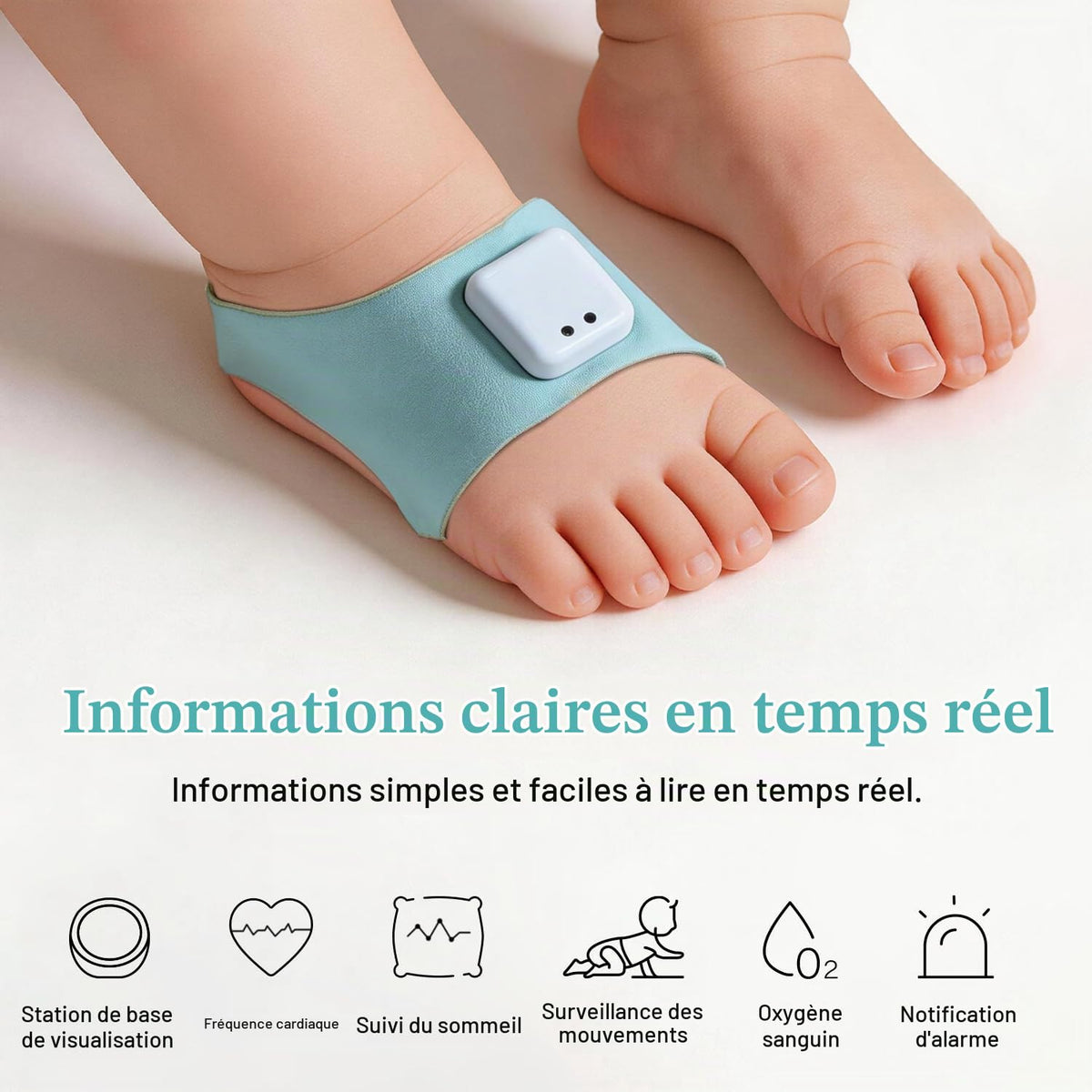WUUK Baby wearable smart sock showing heart rate oxygen sleep and movement monitoring