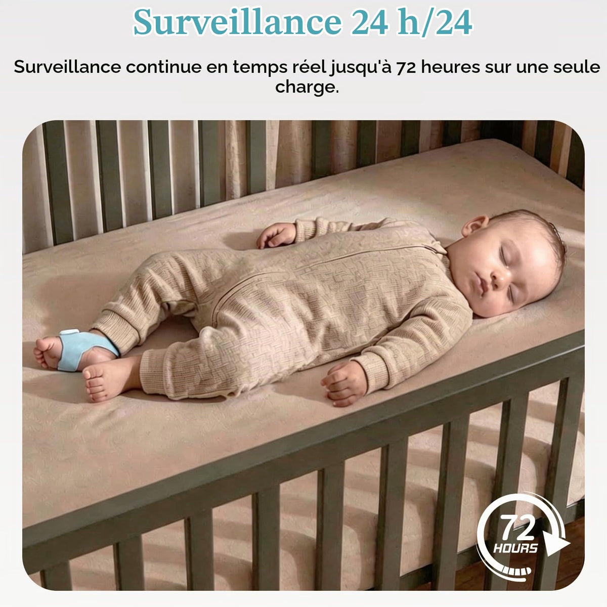 Baby wearing WUUK smart sock during sleep for continuous overnight monitoring