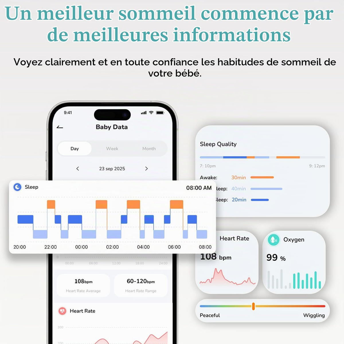 WUUK Baby app displaying sleep heart rate oxygen and movement information