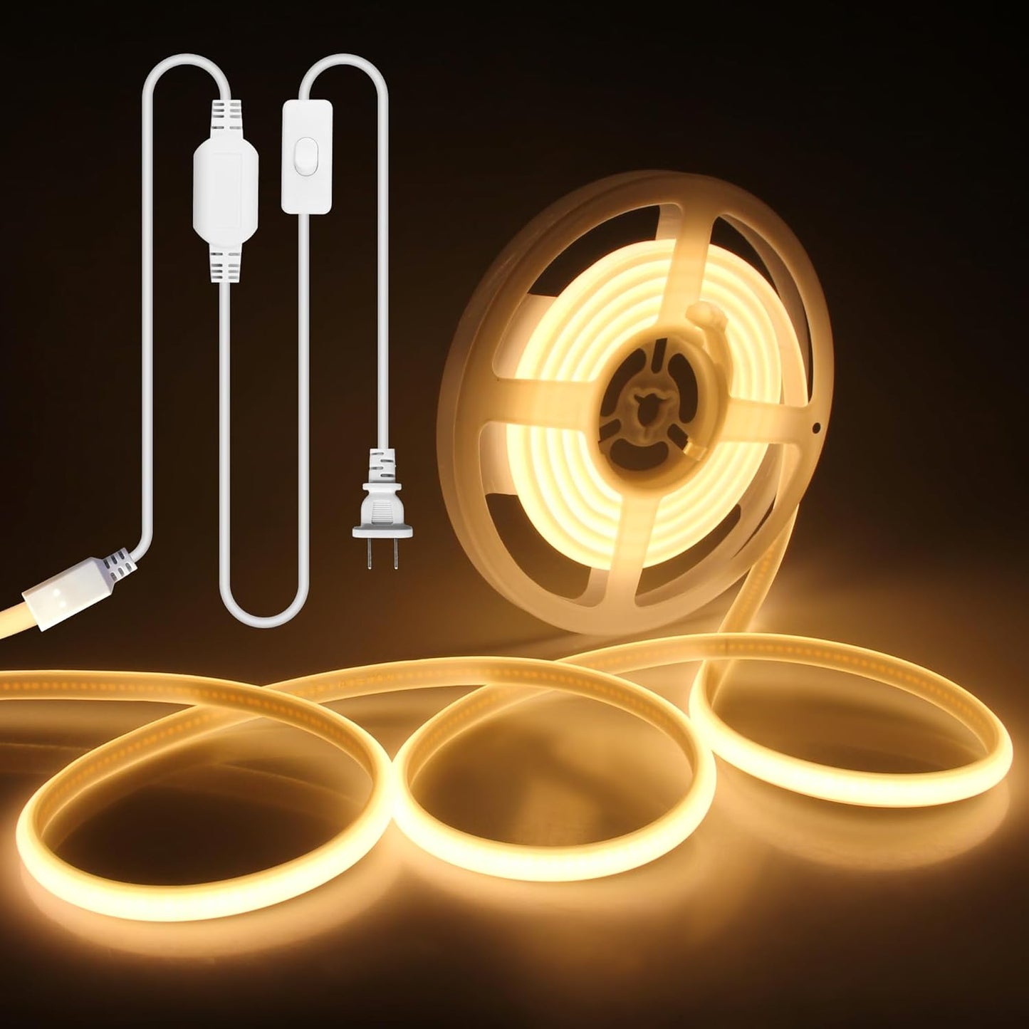 Warm white COB LED strip light on a roll, with plug and on/off switch for easy installation.