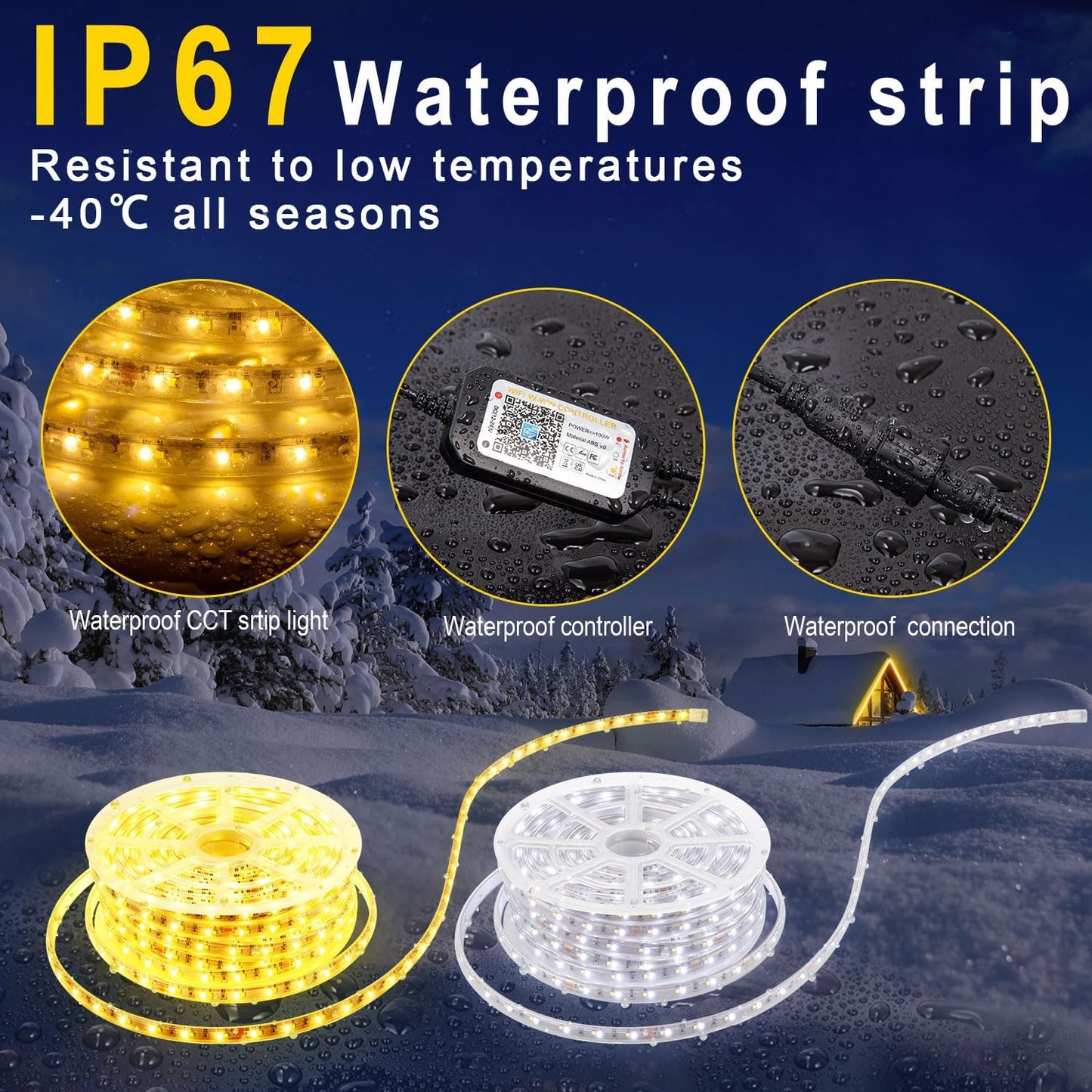 IP67 waterproof LED strip light showcasing durability and resistance to extreme weather, with waterproof controller and connectors.