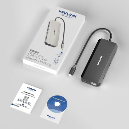 Full view of the Wavlink docking station package contents including a quick start guide and driver CD.