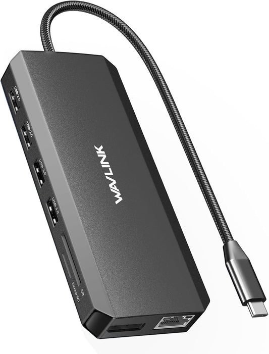 Angled view of the Wavlink 12-in-1 USB-C docking station with multiple ports and braided cable.