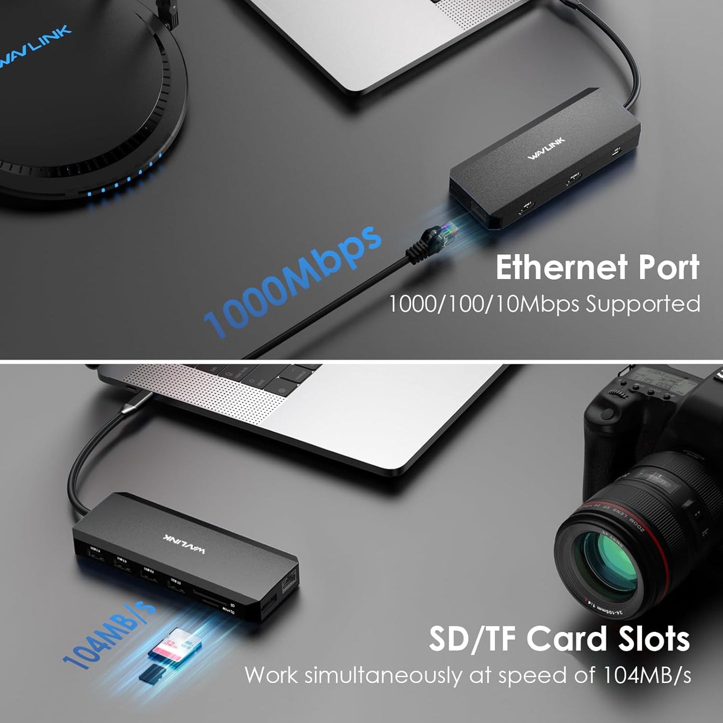 Wavlink docking station showcasing ethernet and SD/TF card slot connections.