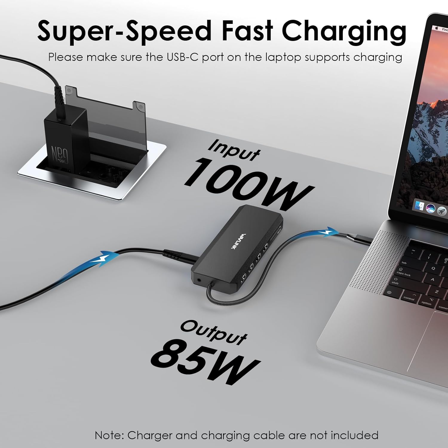 Wavlink docking station connected for fast charging, highlighting 100W input and 85W output.