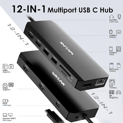 Overview of Wavlink docking station showing 13 different ports including HDMI, DisplayPort, and USB.