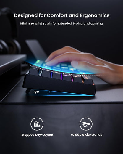 Wegear keyboard showing adjustable kickstands and 7° typing angle for ergonomic comfort.