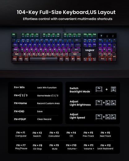 Wegear 104-key full-size mechanical keyboard with multimedia shortcuts and numeric keypad.