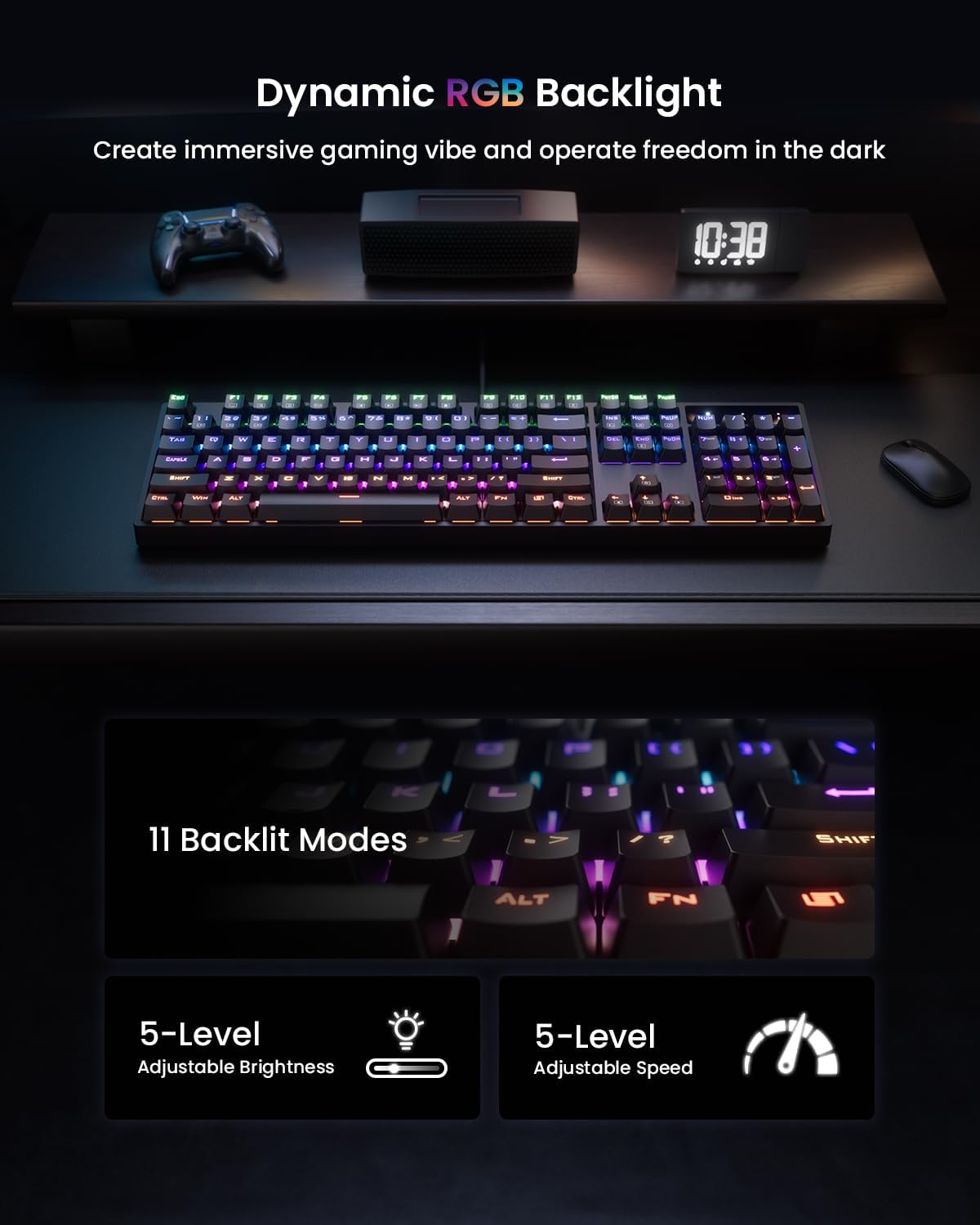 Wegear keyboard showcasing 11 RGB backlighting modes with adjustable brightness and speed settings.