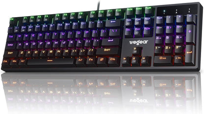 Front view of the Wegear RGB mechanical gaming keyboard with dynamic rainbow backlighting.