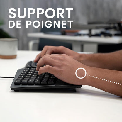 Ergonomic keyboard showing wrist support during typing for better hand comfort.