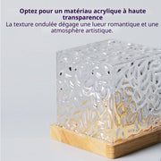 Acrylic crystal ocean wave lamp with textured cube design and wooden base