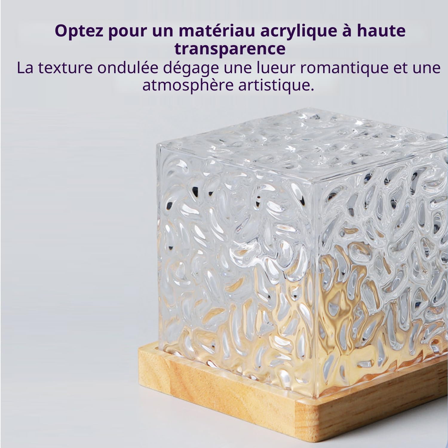 Acrylic crystal ocean wave lamp with textured cube design and wooden base