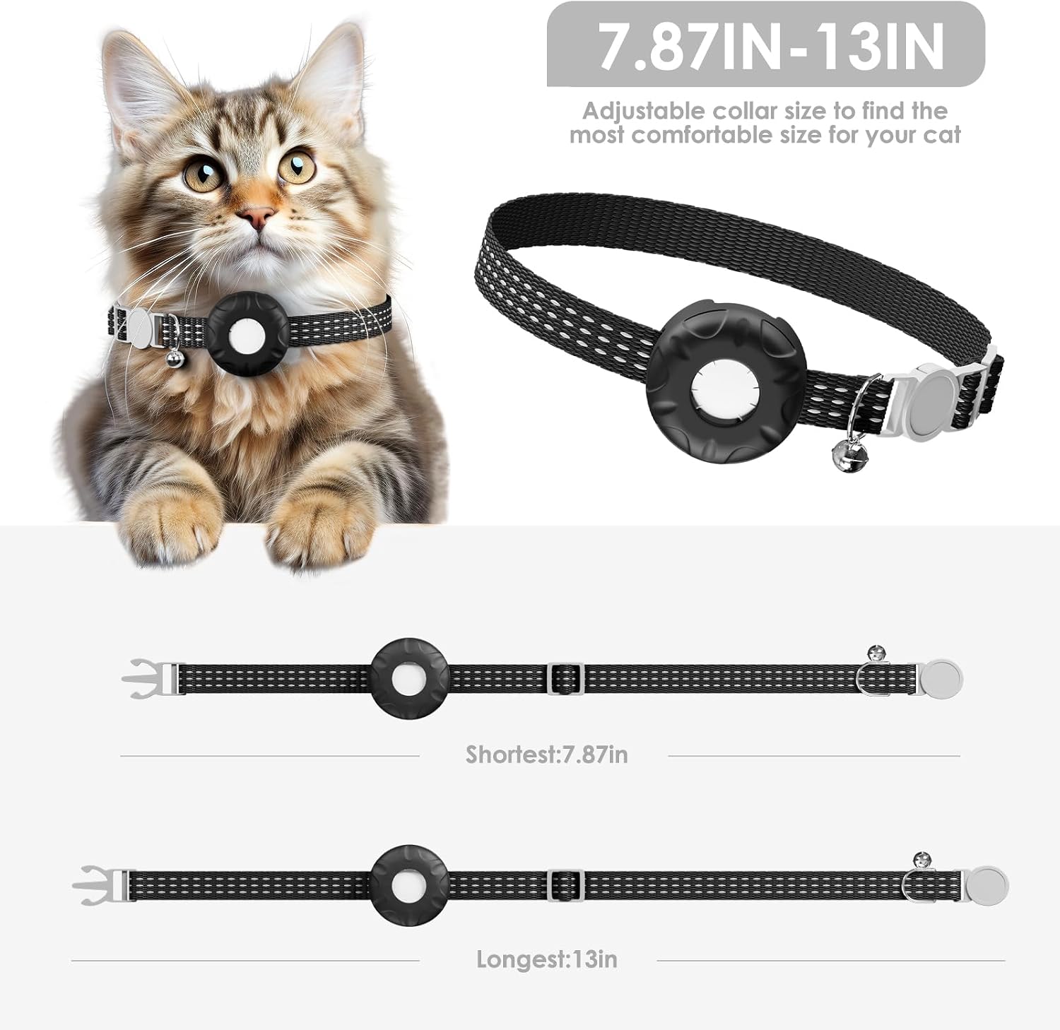 Cat wearing a black adjustable collar with measurements displayed.