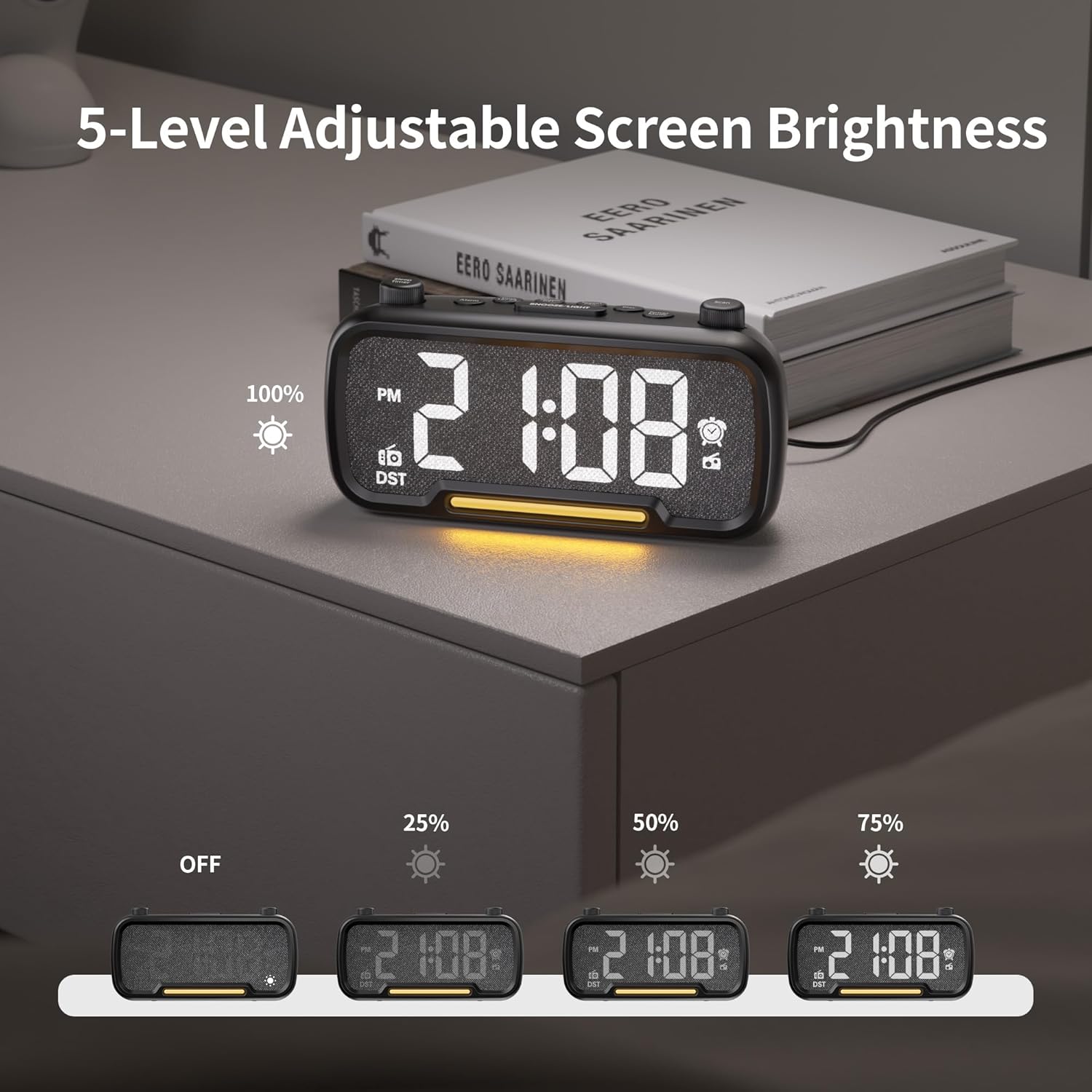 Digital bedside clock with 5 brightness levels and night light feature