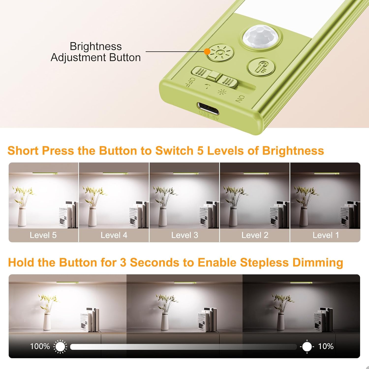 Close-up of LED cabinet light controls showing 5 brightness levels and stepless dimming.