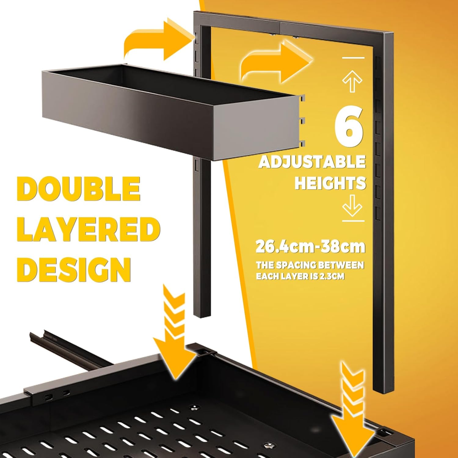 Double-layer under sink rack with 6 height settings and adjustable top shelf