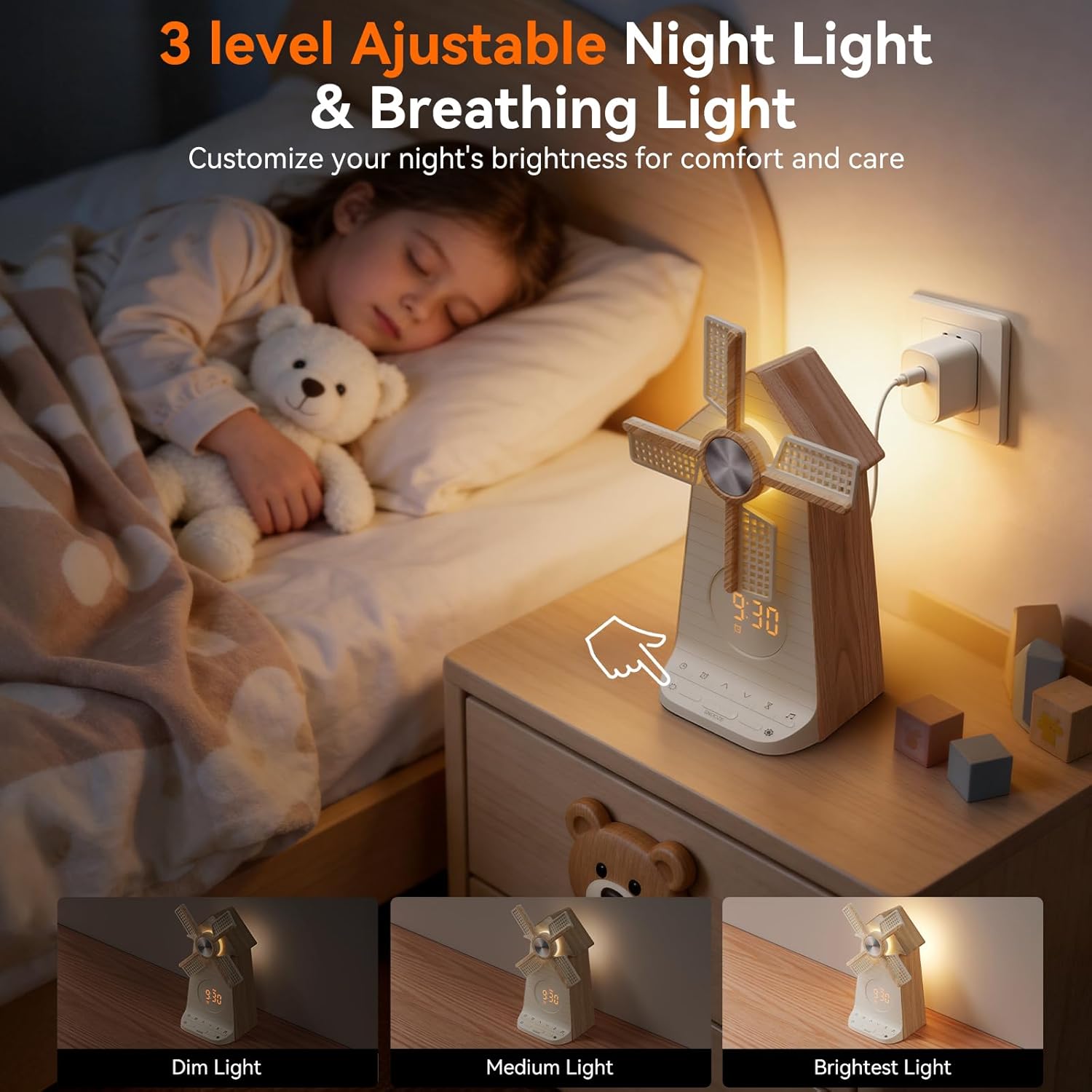 Three level adjustable bedside night light with breathing light mode