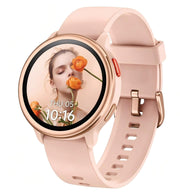 aeac women's round smartwatch with rose gold case and blush pink band