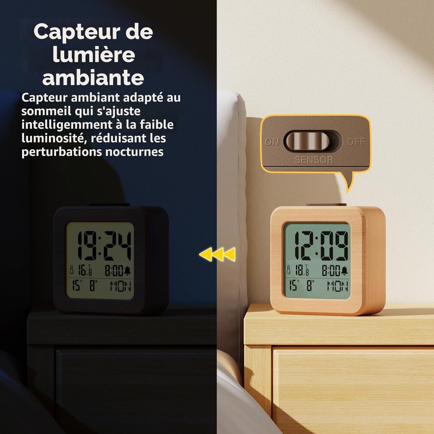 Wooden alarm clock with automatic light sensor for night mode