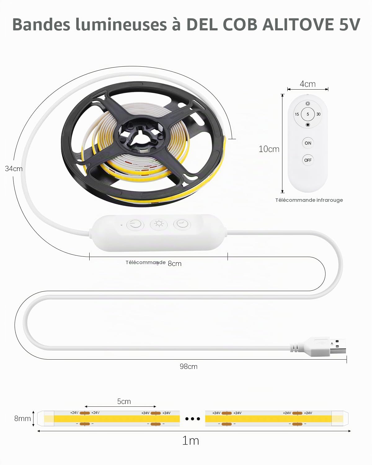 ALITOVE 1 metre 320 LED COB strip with USB controller and remote dimensions