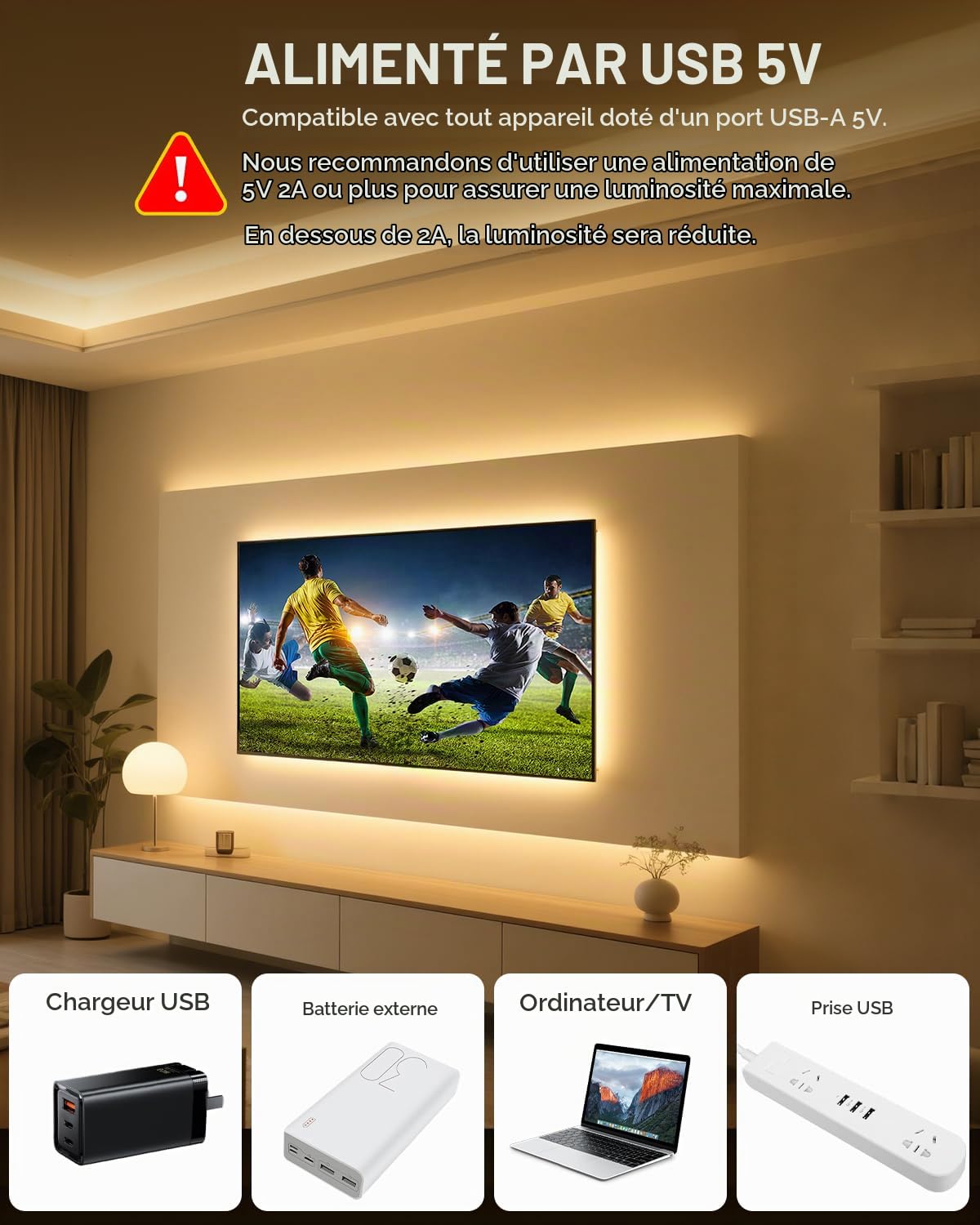 ALITOVE USB 5V LED strip used as warm white TV backlighting