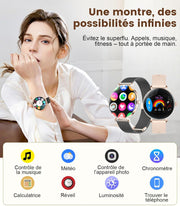 Stylish woman showing smartwatch with multiple smart features