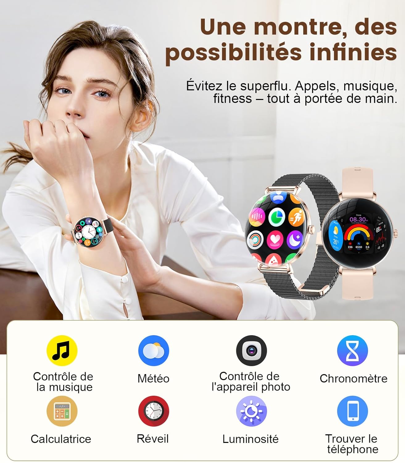 Stylish woman showing smartwatch with multiple smart features