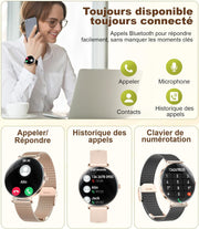 Woman using smartwatch to take Bluetooth calls with contact display