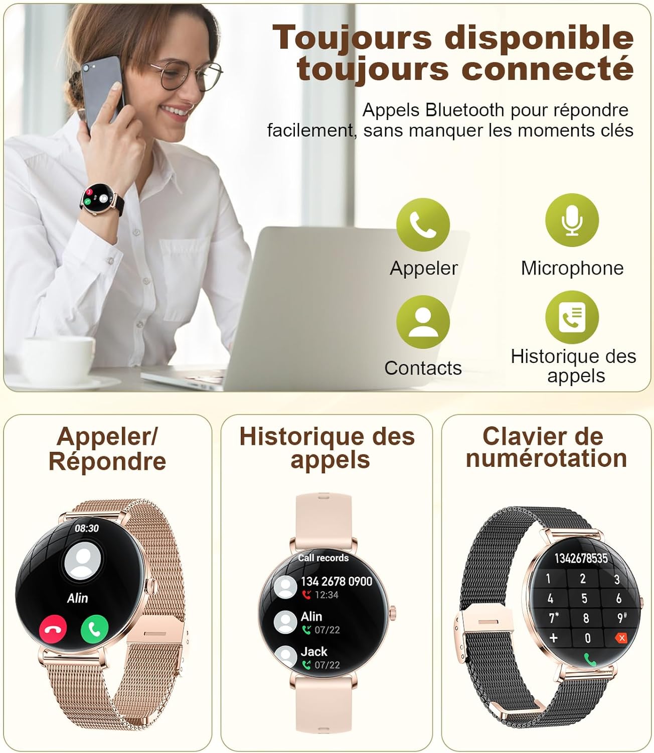 Woman using smartwatch to take Bluetooth calls with contact display