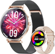 Close-up of AMOLED smartwatch with elegant black strap and colorful display