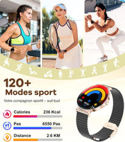 Smartwatch fitness tracking with calorie, step, and distance display