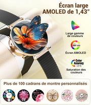 AMOLED smartwatch showing vibrant 1.43" screen and butterfly watch face