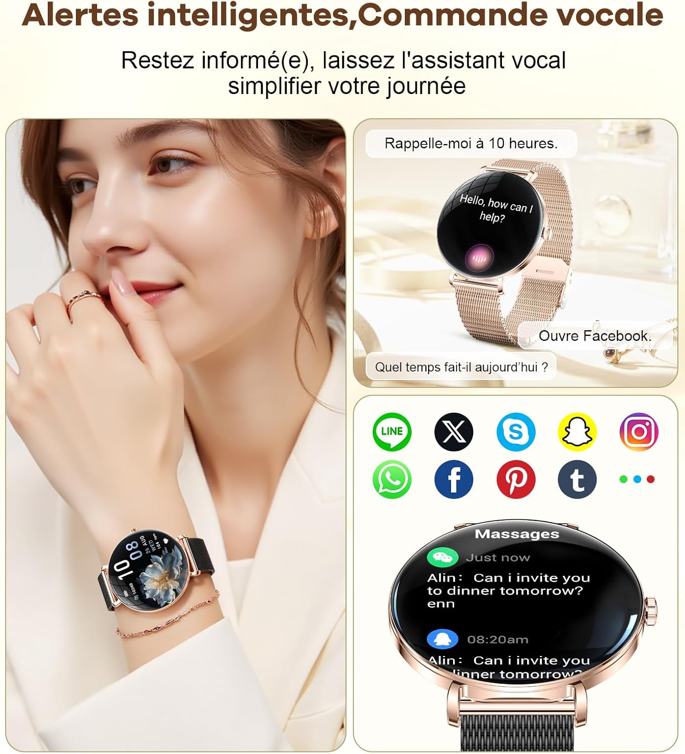 Voice assistant and smart alerts on women's smartwatch