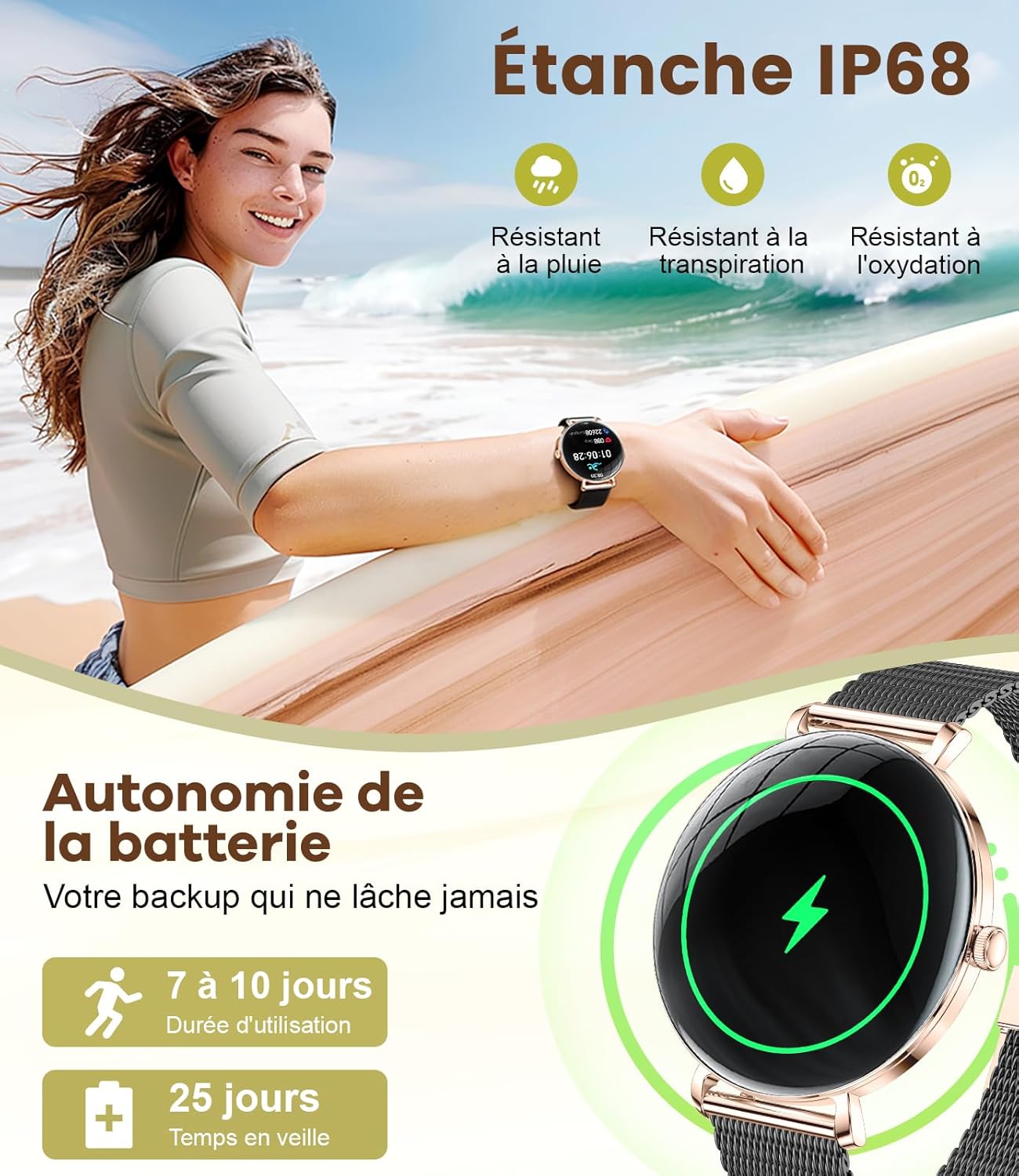 Woman surfing with waterproof smartwatch and battery indicator