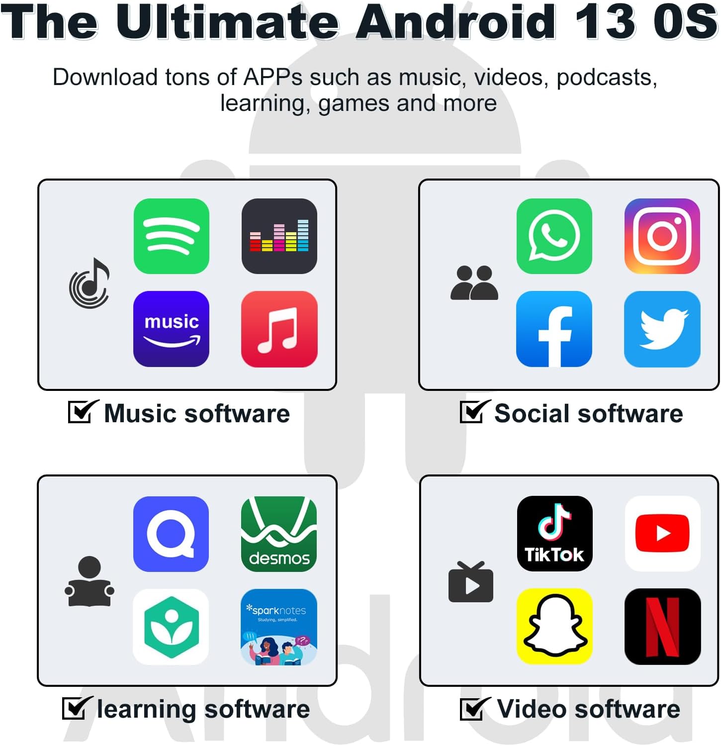 Android 13 MP3 player compatible with music, social, learning, and video apps