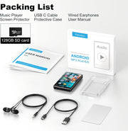 Complete Android MP3 player package with earphones, case, and cables