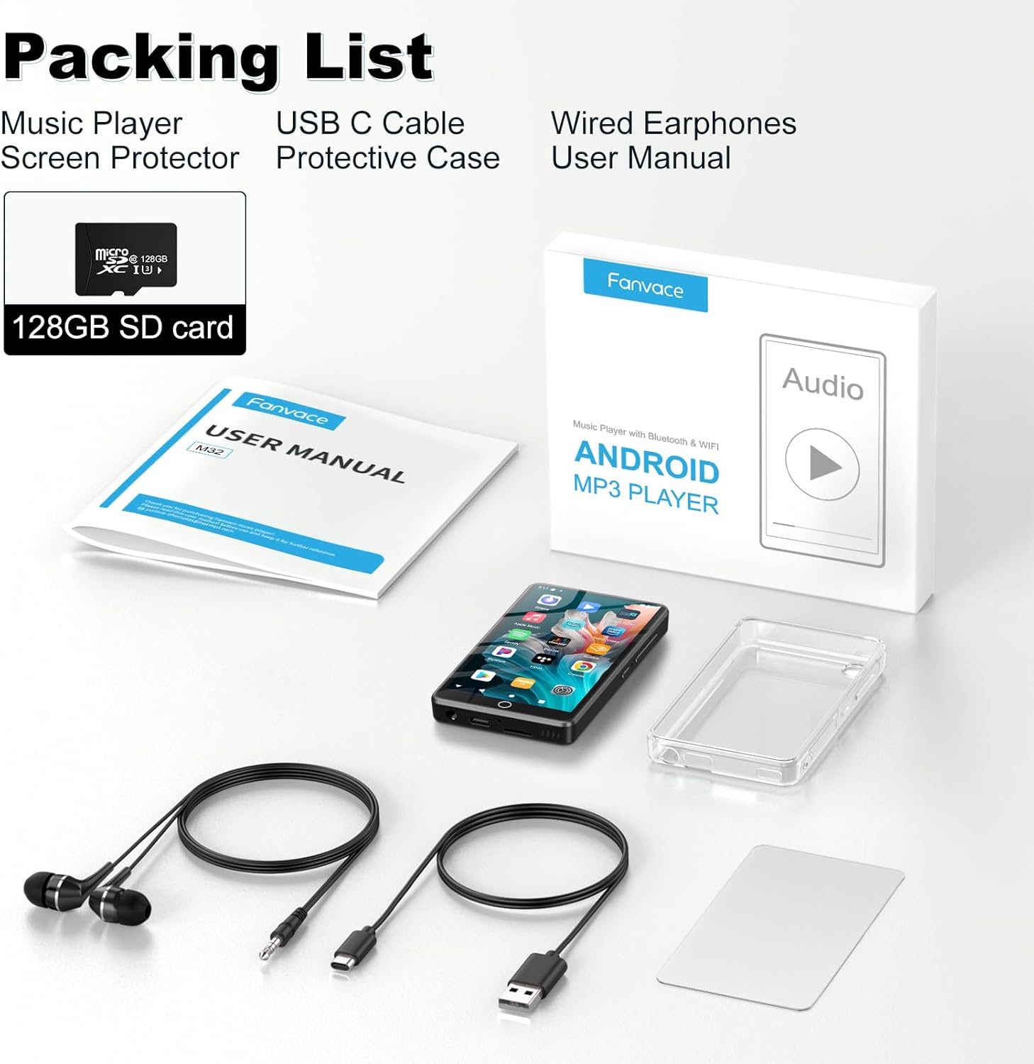 Complete Android MP3 player package with earphones, case, and cables