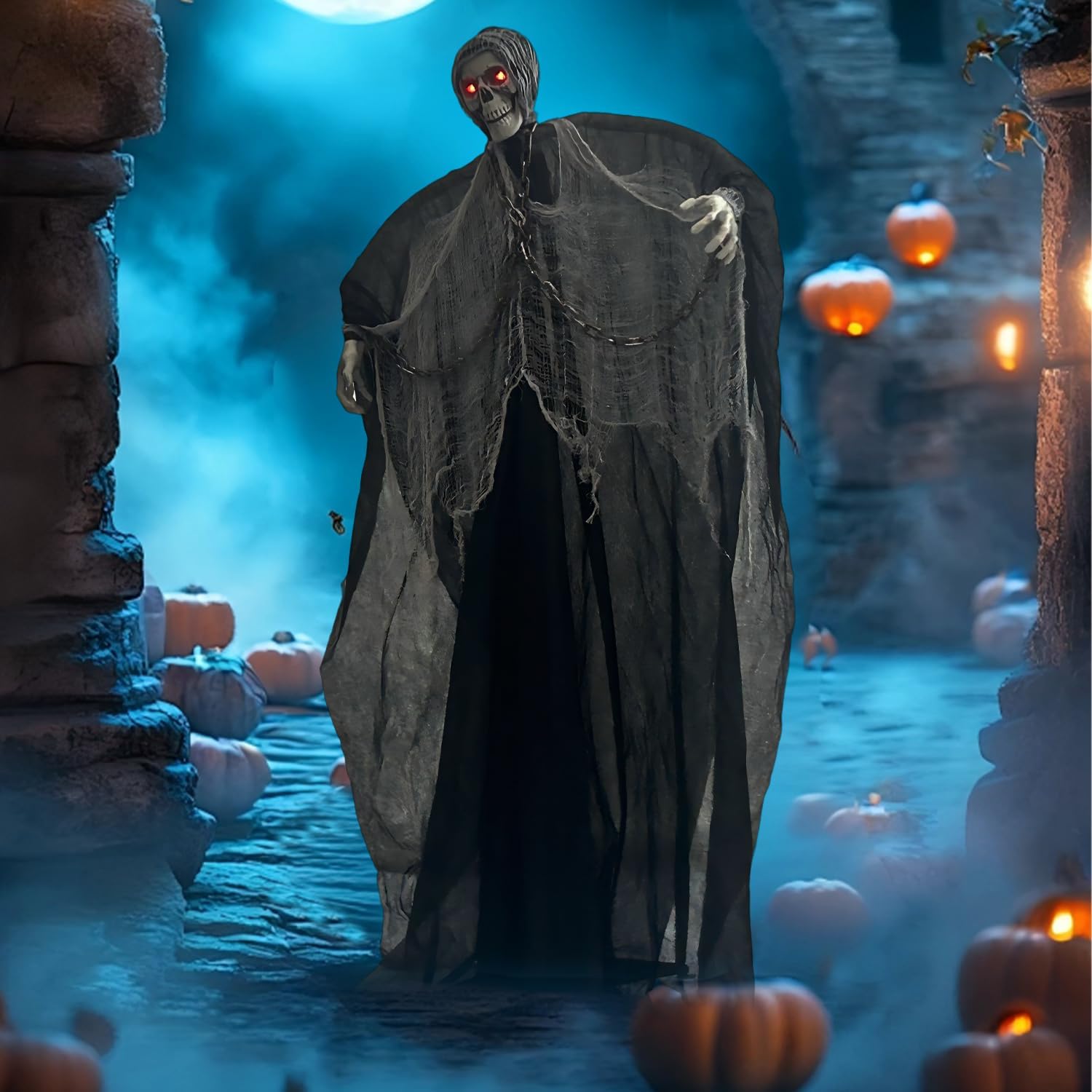 Animated Halloween skeleton nighttime display