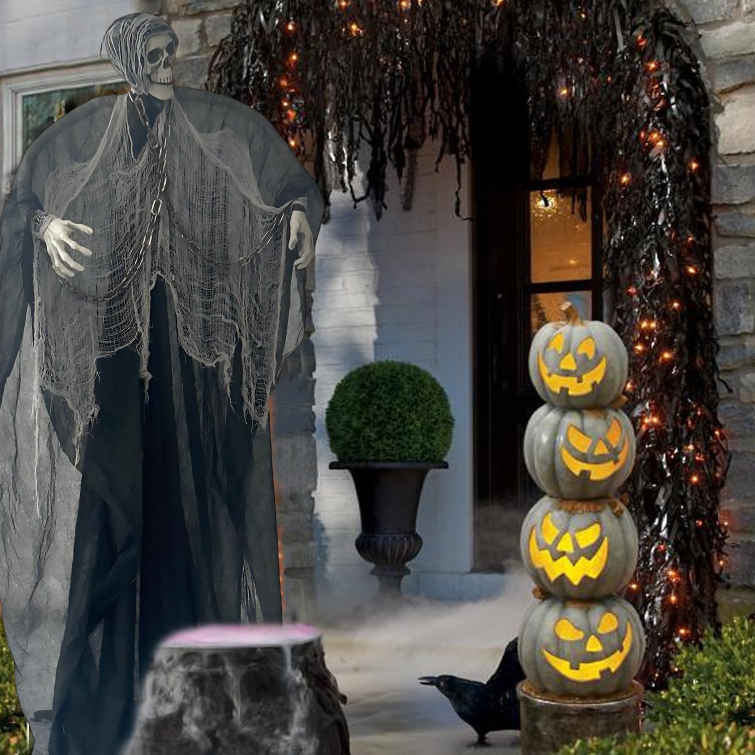 Halloween skeleton decorating front porch