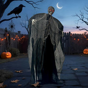 Animated Halloween skeleton displayed outdoors at night