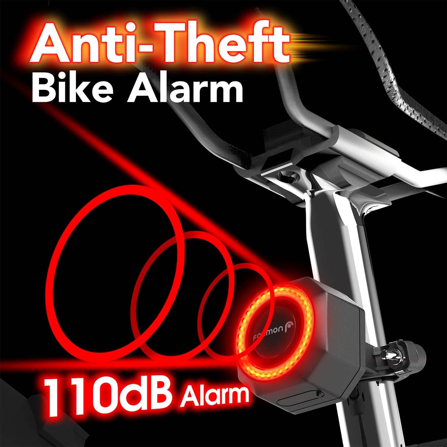 Anti-theft bicycle alarm emitting 110dB sound with motion detection.