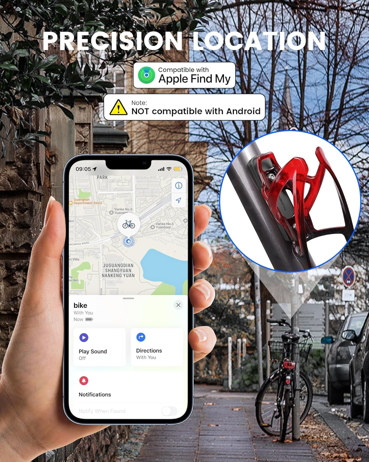 RAVEMEN GPS tracker mounted under a water bottle cage on a bike frame