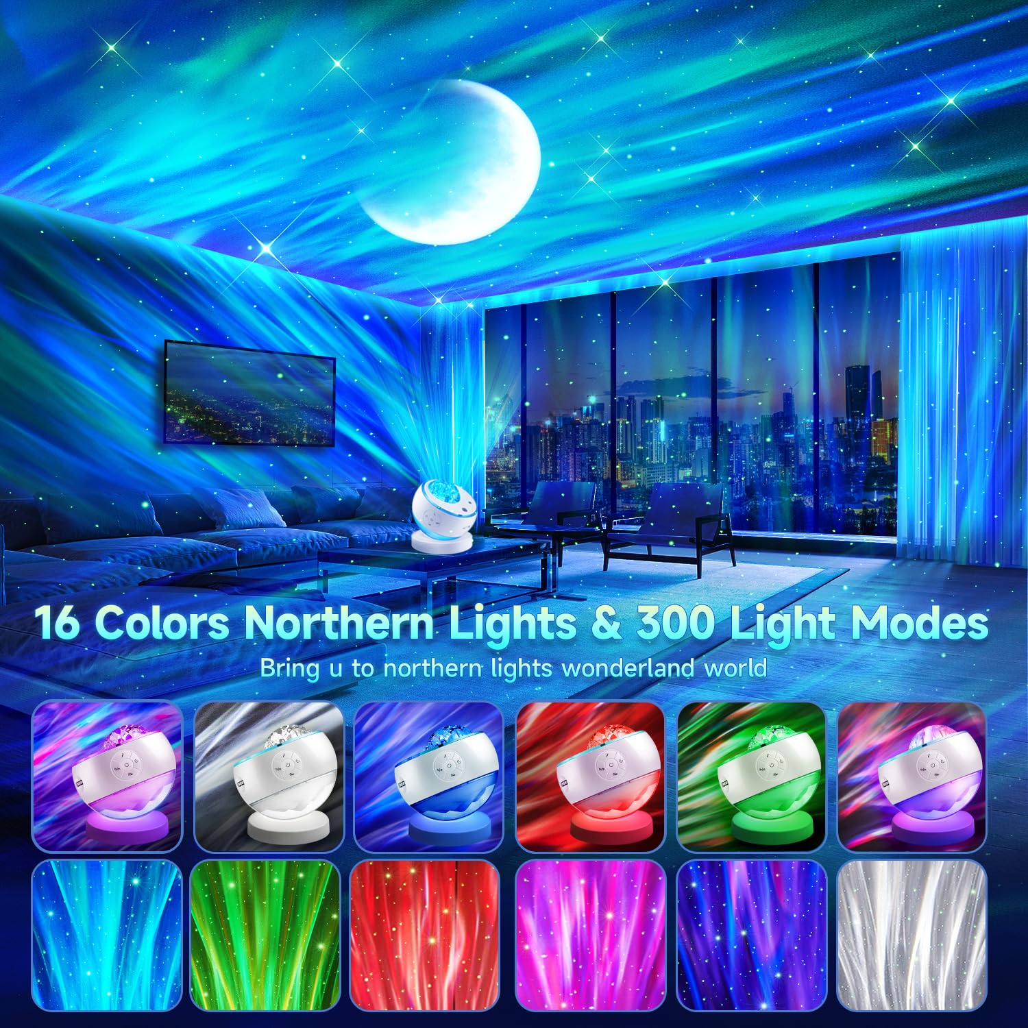 Aurora galaxy projector showing 16 color lighting options